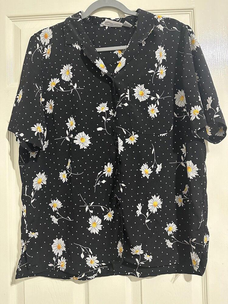 Alfred Dunner Short Sleeve Button Up Black White Floral Polka Dot Blouse SZ 16 - Picture 1 of 8